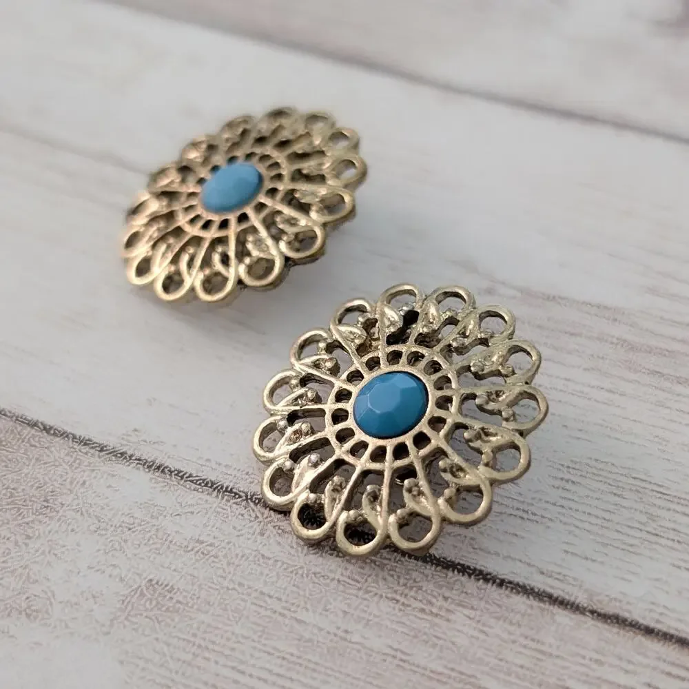 Vintage Clip On Earrings Ornate Gold Tone with Turquoise Tone Center Large
